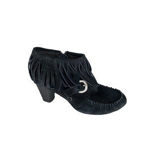 BORN Women's Leather MOCCASIN Fringe Black Ankle Boots Booties zipper Size 7.5